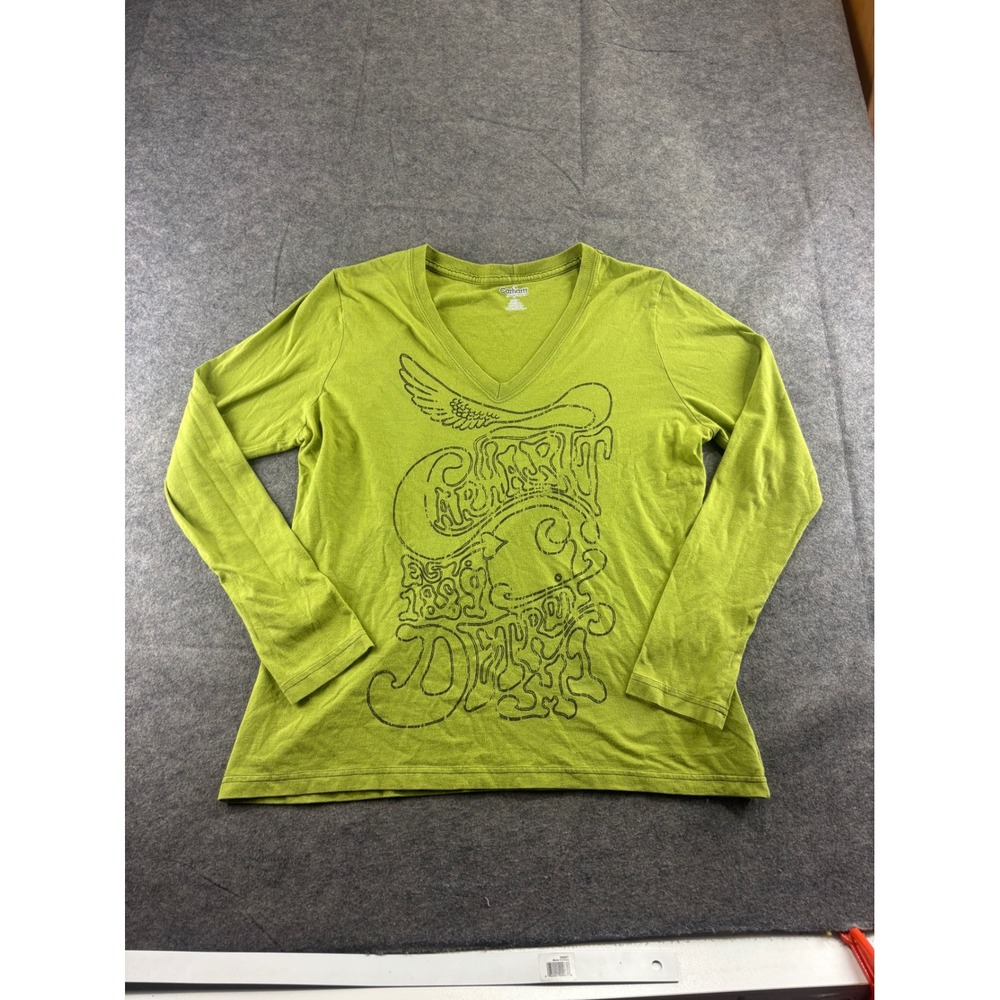 Carhartt Women Lime Green Graphic V-Neck Long Sleeve T-Shirt Detroit Est 1889 L